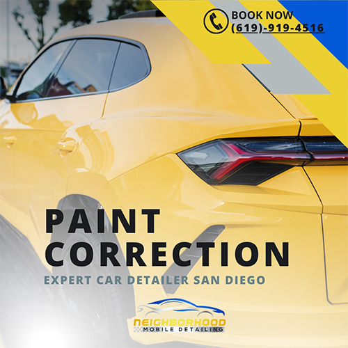 Yellow car with a glossy finish, advertising paint correction services by Neighborhood Mobile Detailing in San Diego.